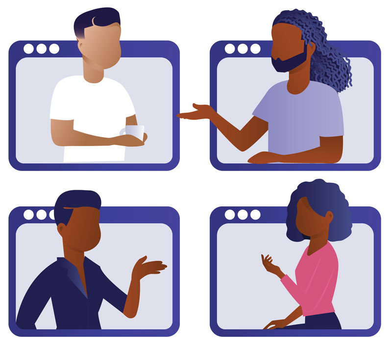 People of color talking with each other out of screens, such as on a video chat platform like Zoom