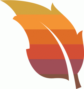leaf logo in stripes of orange, red and brown